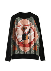 Retro Black Turtleneck Print Patchwork Knit Sweatshirts Long Sleeve