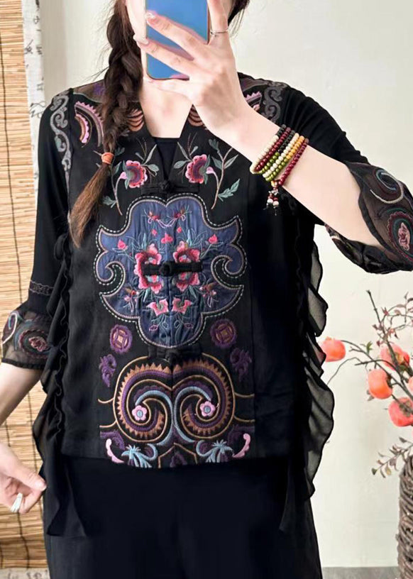 Retro Black V Neck Embroideried Ruffled Silk Waistcoat Sleeveless