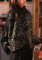 Retro Black V Neck Jacquard Patchwork Woolen Short Coat Winter