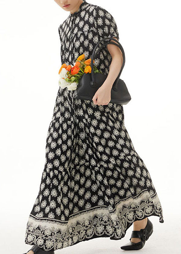 Retro Black Wrinkled Print Patchwork Long Chiffon Dress Summer