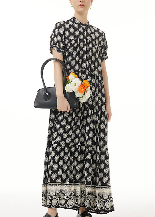 Retro Black Wrinkled Print Patchwork Long Chiffon Dress Summer