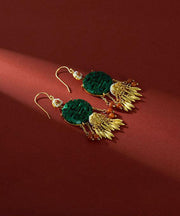 Retro Blackish Green Ancient Gold Inlaid Pearl Jade Agate Tassel Drop Earrings