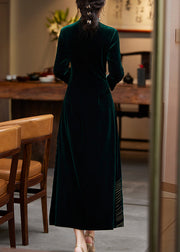 Retro Blackish Green Stand Collar Embroideried Button Velour Maxi Dress Fall