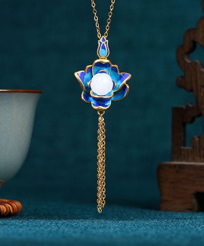 Retro Blue Ancient Gold Jade Lotus Flower Tassel Pendant Necklace