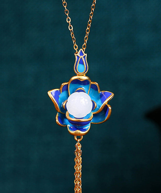 Retro Blue Ancient Gold Jade Lotus Flower Tassel Pendant Necklace