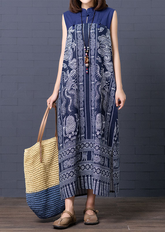 Retro Blue Chinese Button Patchwork Side Open Linen Long Dress Sleeveless