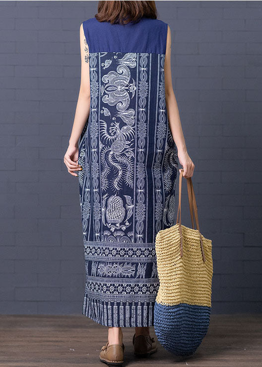 Retro Blue Chinese Button Patchwork Side Open Linen Long Dress Sleeveless