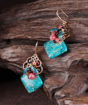 Retro Blue Copper Cloisonne Jade Bee Drop Earrings