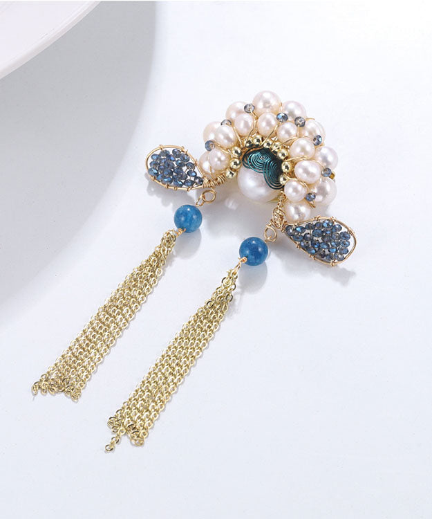 Retro Blue Copper Overgild Zircon Pearl Face Mask Brooches