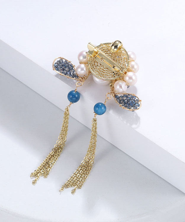 Retro Blue Copper Overgild Zircon Pearl Face Mask Brooches