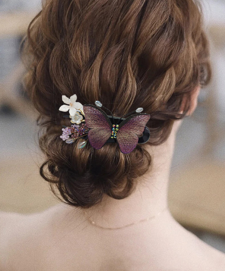 Retro Blue Crystal Resin Floral Embroidery Butterfly Hairpin