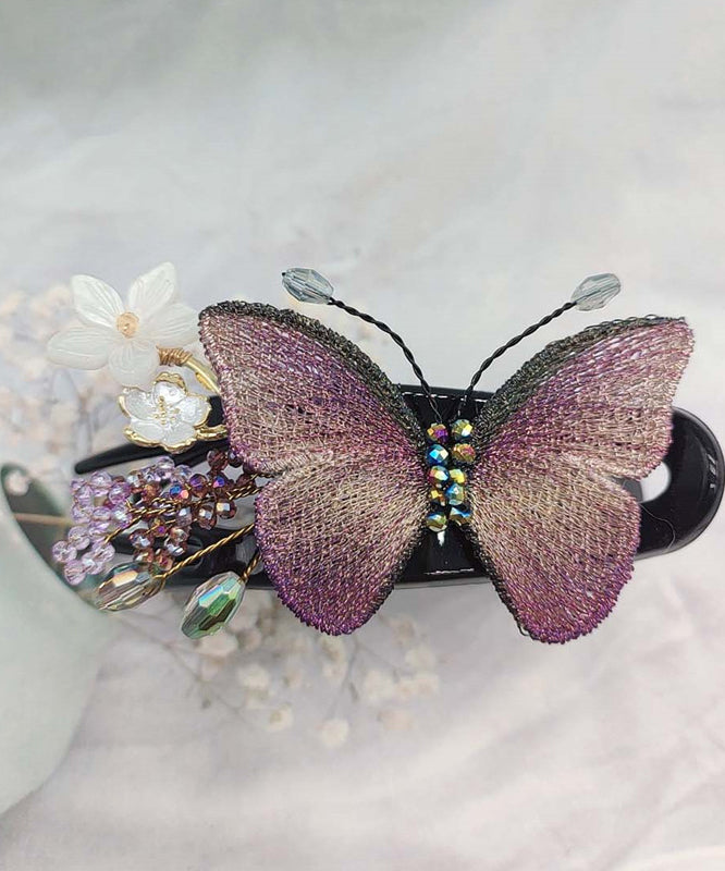 Retro Blue Crystal Resin Floral Embroidery Butterfly Hairpin