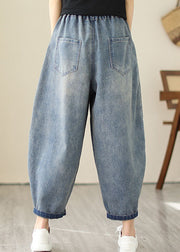 Retro Blue Embroideried Pockets Patchwork Denim Pants Summer