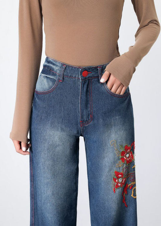 Retro Blue Embroideried Pockets Patchwork Denim Wide Leg Pants Spring