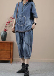 Retro Blue Hooded Zippered Patchwork Denim Two Pieces Set Summer