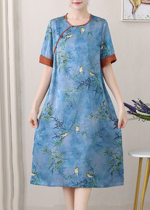 Retro Blue O-Neck Jacquard Side Open Patchwork Silk Mid Dress Summer