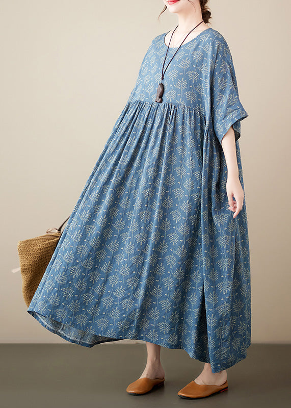 Retro Blue O-Neck Print Cotton Long Dresses Short Sleeve