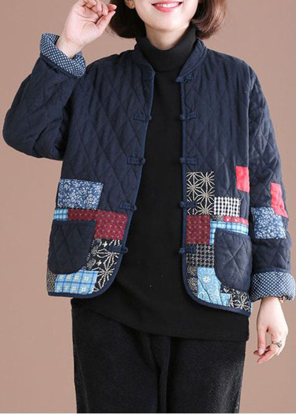 Retro Blue Oriental Patchwork Applique Fine Cotton Filled Jackets Winter