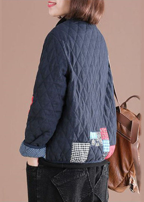 Retro Blue Oriental Patchwork Applique Fine Cotton Filled Jackets Winter