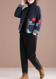 Retro Blue Oriental Patchwork Applique Fine Cotton Filled Jackets Winter