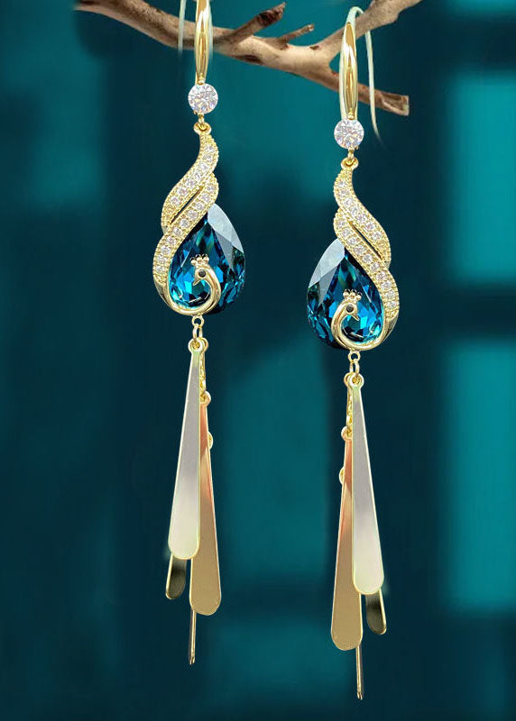 Retro Blue Phoenix Zircon Tassel Drop Earrings