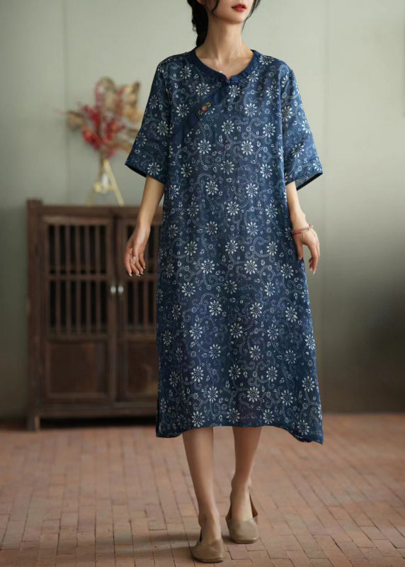 Retro Blue Print Button Ramie Maxi Dress Short Sleeve