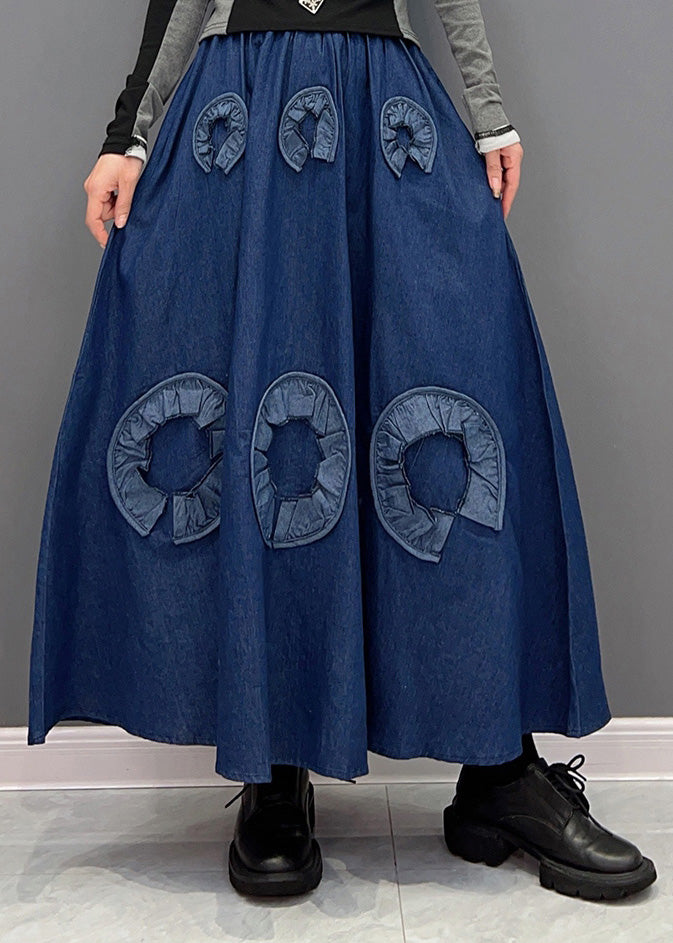 Retro Blue Print Elastic Waist Denim Skirts Spring