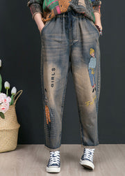 Retro Blue Print Embroideried Elastic Tie Waist Harem Pants Summer