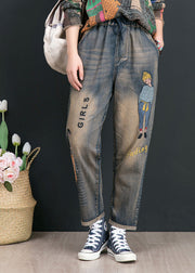 Retro Blue Print Embroideried Elastic Tie Waist Harem Pants Summer