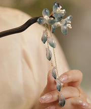 Retro Blue Sandalwood Coloured Glaze Floral Tassel Hairpin