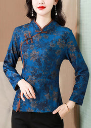 Retro Blue Stand Collar Print Chinese Button Warm Fleece Shirt Top Winter