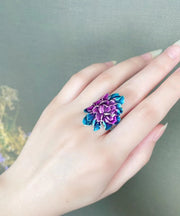 Retro Blue Sterling Silver Cloisonne Peony Flower Rings