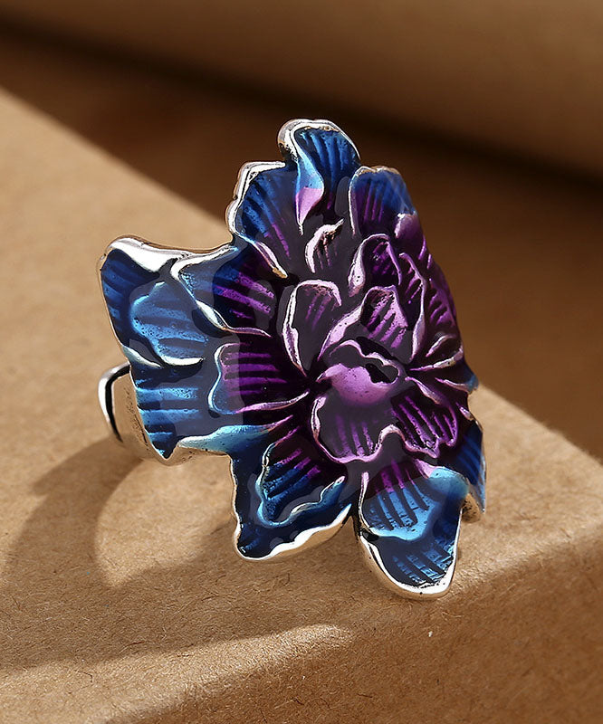 Retro Blue Sterling Silver Cloisonne Peony Flower Rings