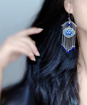 Retro Blue Sterling Silver Enamel Lotus Tassel Drop Earrings