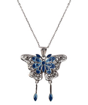 Retro Blue Sterling Silver Inlaid Enamel Butterfly Pendant Necklace