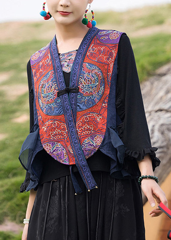 Retro Blue V Neck Embroideried Floral Waistcoat Sleeveless