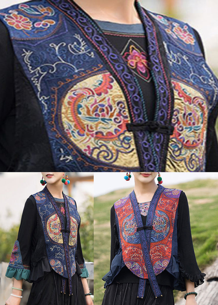 Retro Blue V Neck Embroideried Floral Waistcoat Sleeveless