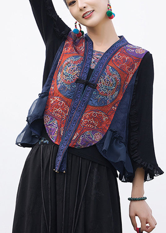 Retro Blue V Neck Embroideried Floral Waistcoat Sleeveless