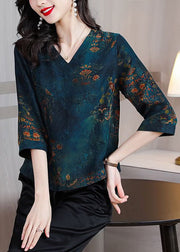 Retro Blue V Neck Print Patchwork Silk Tops Spring