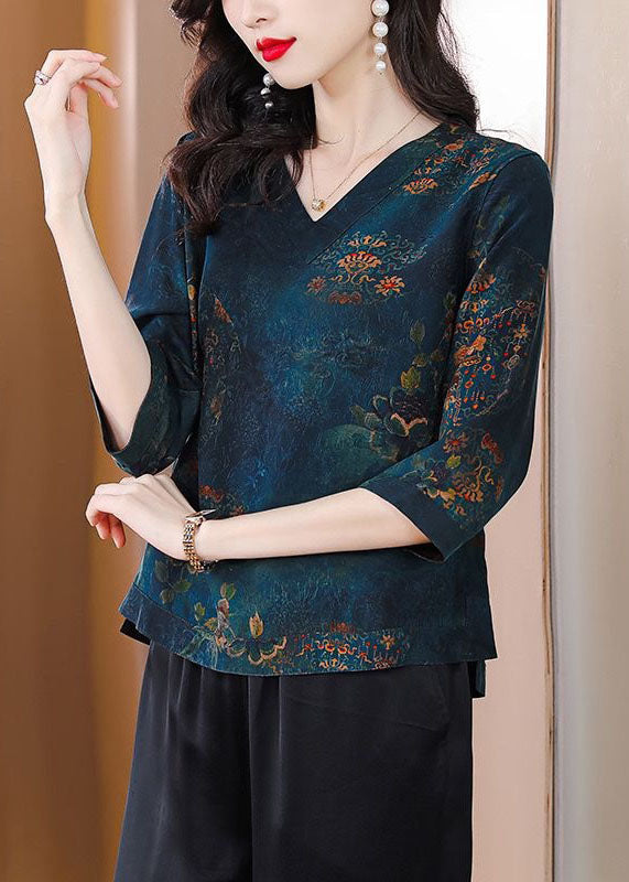 Retro Blue V Neck Print Patchwork Silk Tops Spring