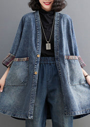 Retro Blue V Neck Striped Patchwork Denim Trench Coat Long Sleeve