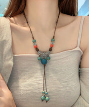 Retro Brown Alloy Ceramic Hemp Rope Tassel Pendant Necklace