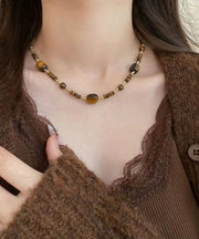 Retro Brown Bilayer Beading Tiger's Eye Pendant Necklace