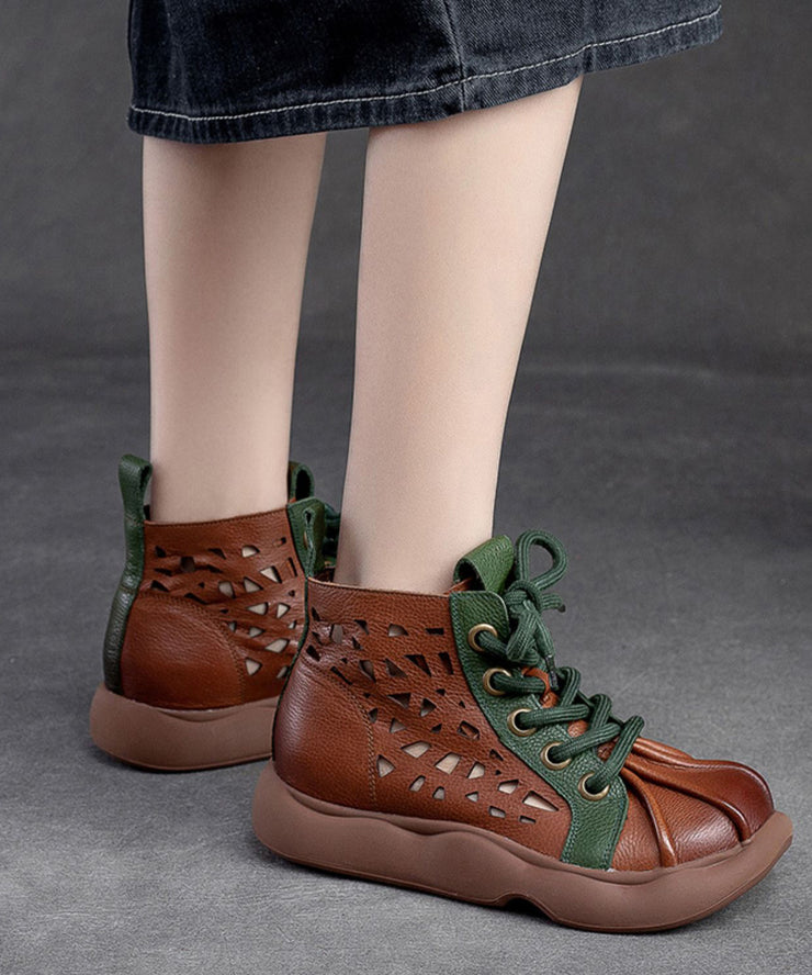 Retro Brown Cowhide Leather Splicing Lace Up Boots