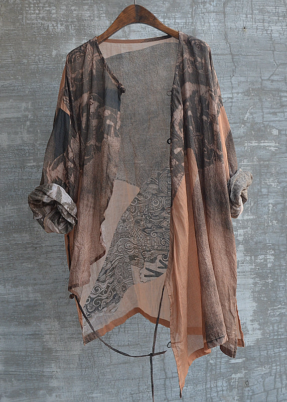 Retro Brown Print Asymmetrical Linen Tops Fall