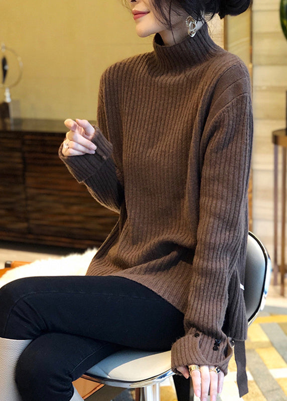 Retro Brown Turtleneck Side Open Thick Wooled Knitted Sweaters Fall