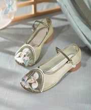 Retro Buckle Strap Splicing Embroideried Flat Feet Shoes Green Tulle