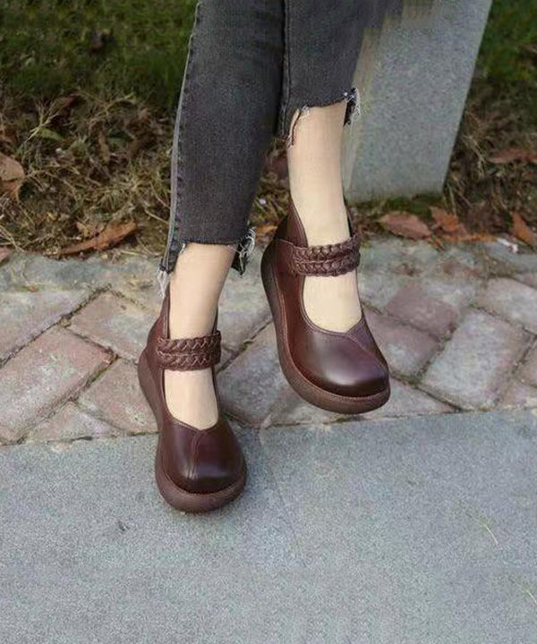 Retro Buckle Strap Splicing Platform Ankle Boots Brown Cowhide Leather