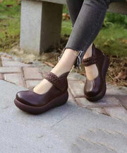 Retro Buckle Strap Splicing Platform Ankle Boots Brown Cowhide Leather