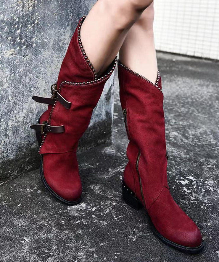 Retro Buckle Strap Zippered Splicing Chunky Boots Mulberry Suede